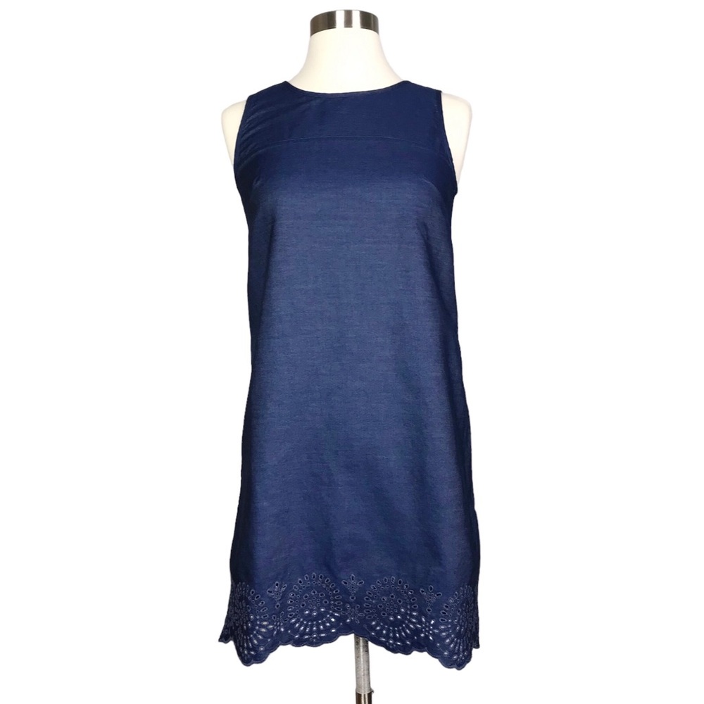 French Connection Cotton Eyelet Trim Dress Size 0 Blue Chambray Denim India EUC